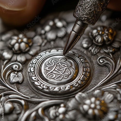 Craftsman engraving symbols into silver cufflinks, close-up macro,generative ai illustration
