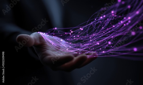 A person's open palm gently cradles a luminous, flowing stream of interconnected purple nodes and lines, suggesting data or connectivity