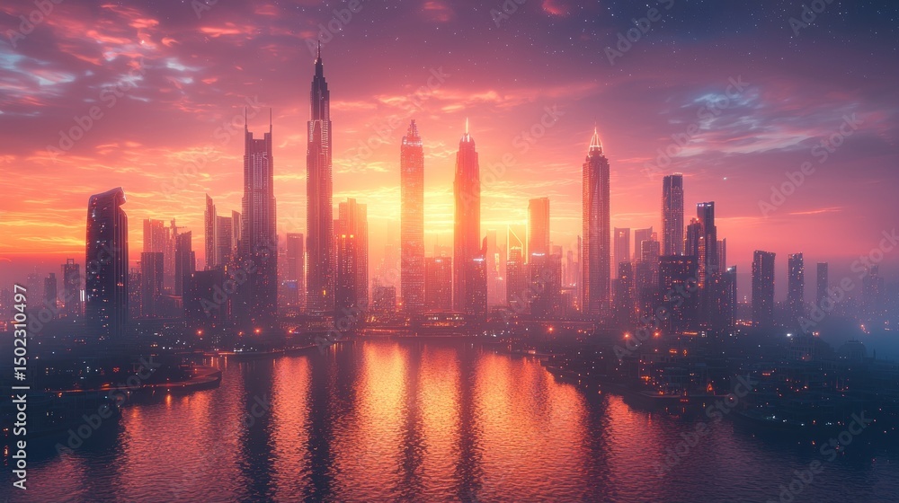 Fototapeta premium Sunrise over a futuristic city skyline reflected on a tranquil water body