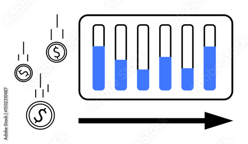 Blue-level progress bars and falling coins symbolize financial goals, investment returns, and resource allocation. Ideal for finance, analytics, budgeting, growth, economy, strategy simple landing