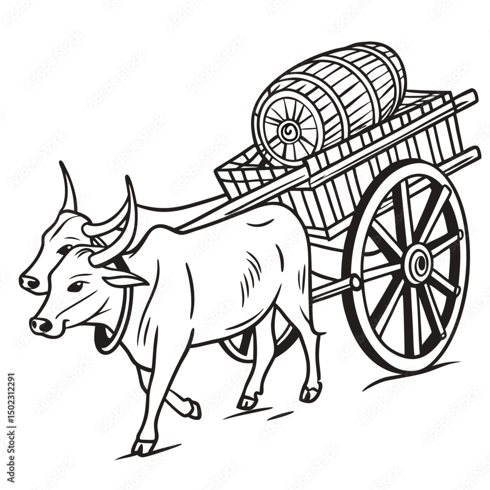 Fototapeta premium Two Oxen Pulling a Cart with a Barrel