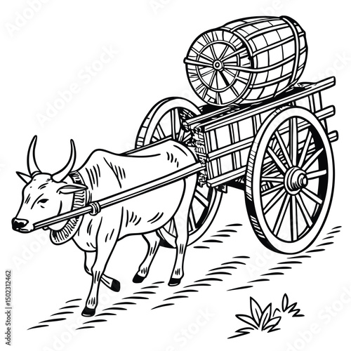 Ox-Driven Wooden Cart With Water Barrel on a Rural Road