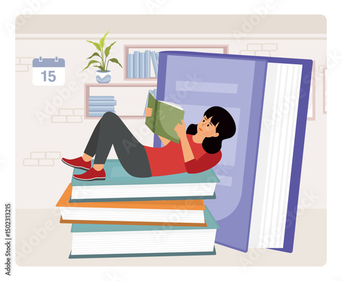Woman Reading Book on Giant Stacked Books in Cozy Room.