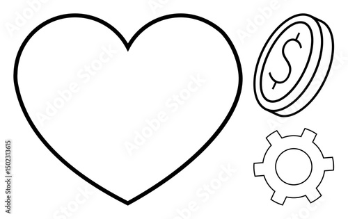 Heart shape, dollar coin, and gear symbolizing love, money, and effort. Ideal for business, collaboration, finance, relationships teamwork personal values simple landing page