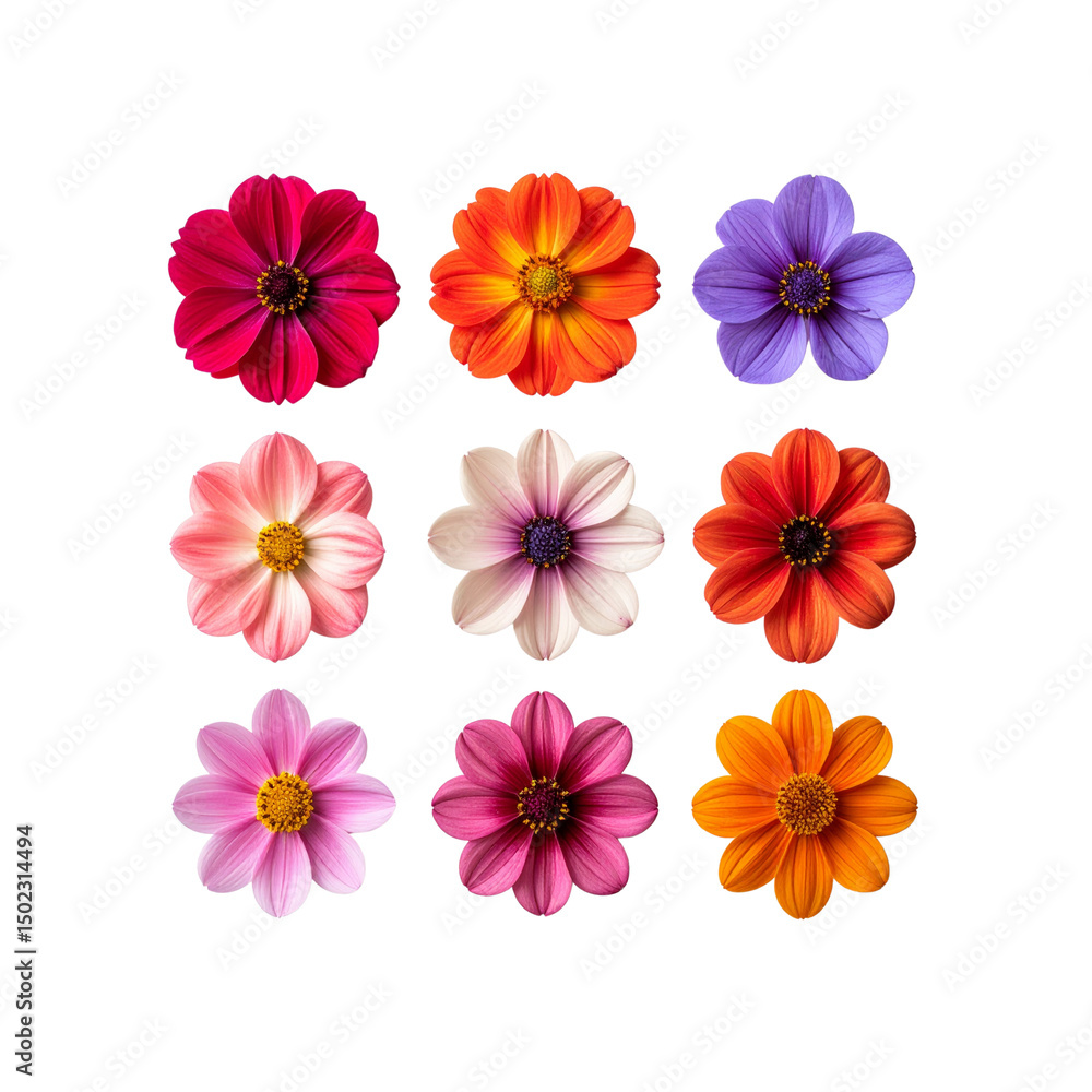 Vibrant colorful dahlia flowers isolated on red pink on transparent background Vibrant colorful dahlia flowers isolated on red pink on transparent background