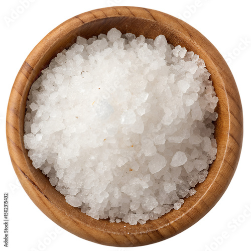 Round wooden bowl filled with coarse white sea salt crystals, natural seasoning with rough translucent texture, isolated on transparent background. 