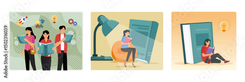 The concept of people reading books. Woman Reading Book. Woman Reading Book Beside Giant Novel.