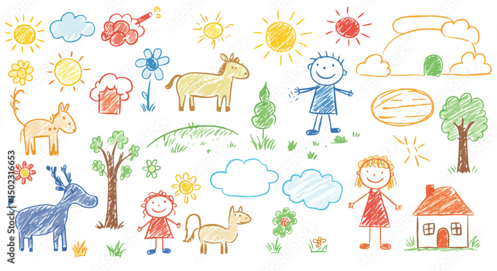 Childlike Crayon Drawings: Whimsical Landscape Childlike Crayon Drawings: Whimsical Landscape