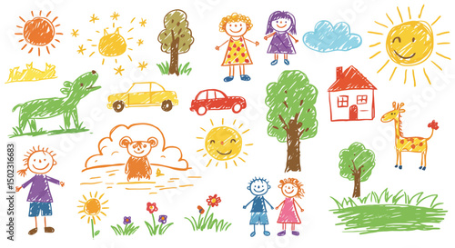 Childlike Crayon Drawings: Playful Vector Set
