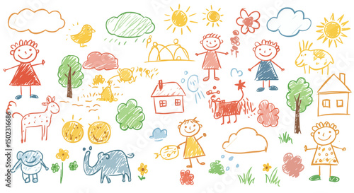 Childlike Crayon Drawings: Whimsical Doodle Collection