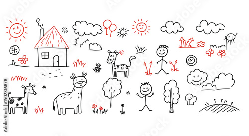 Childlike Doodles: Whimsical Farm and Nature Scene
