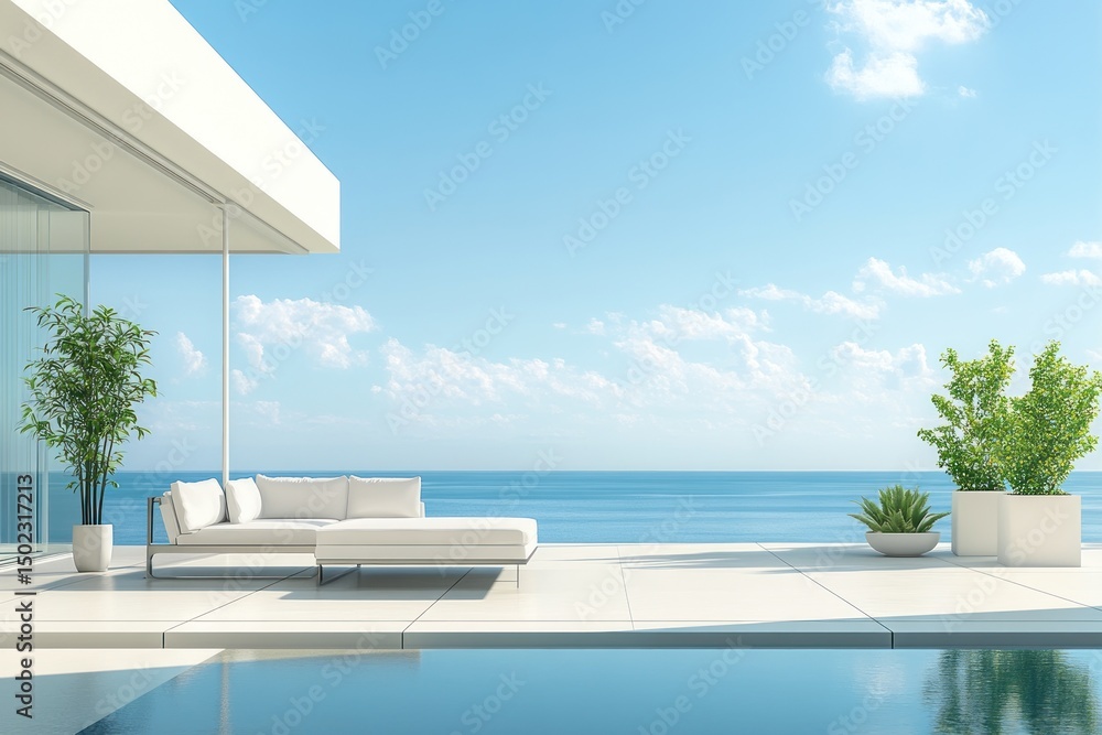 Fototapeta premium Modern minimalist outdoor living space overlooking a tranquil ocean. Large glass walls, white furniture, and a swimming pool. Lush greenery complements the serene ambiance