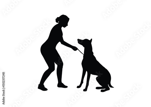 a woman training a dog silhouette vector flat icon illustration.