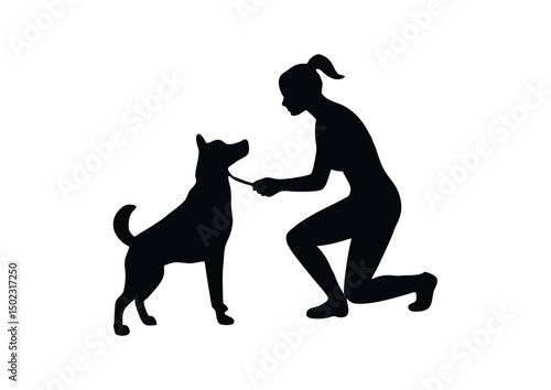 a woman training a dog silhouette vector flat icon illustration.