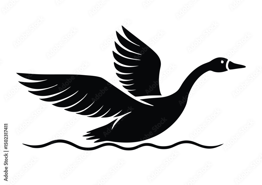 Fototapeta premium flying loon in water silhouette vector, goose silhouettes flat design illustration.