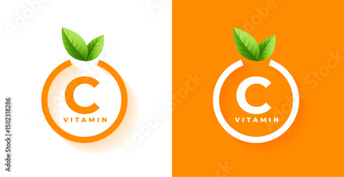 set of orange white vitamin c mineral logo with leaves design