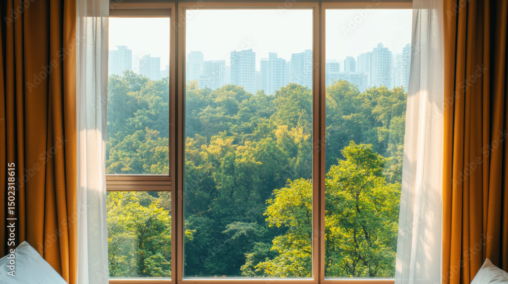 Fototapeta premium A partially open curtain reveals a scenic view, captured in high fidelity with enhanced detail, suitable for various creative uses.
