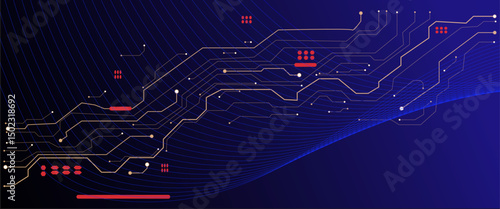 bstract technology background. Gold circuit lines and connected dots on dark tech bg. Futuristic electronics concept. AI chip or semiconductor on a computer motherboard. 