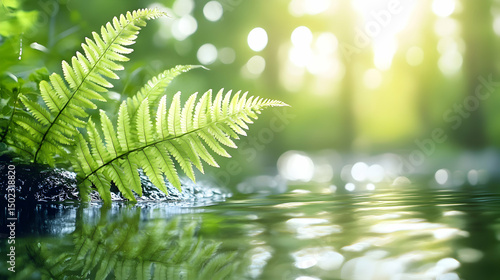 Serene fern frond by a tranquil stream, bathed in soft sunlight; idyllic nature scene.