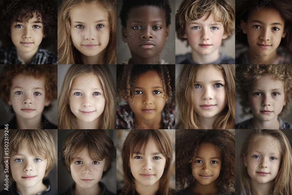 Fototapeta premium group of children with different hair colors and eye colors. The image is a collage of many faces, showcasing the diversity of the children