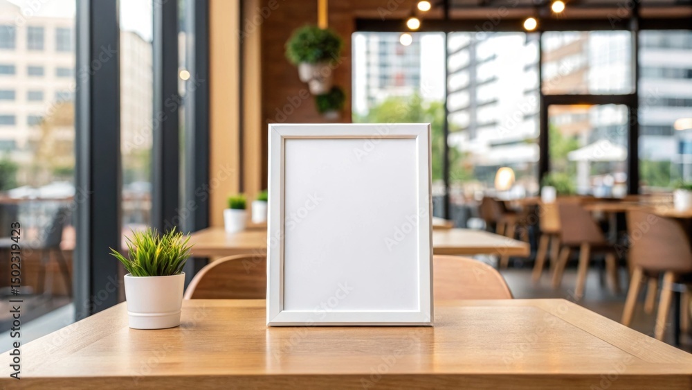 Modern cafe interior with a blank frame on a wooden table and greenery in a cozy atmosphere. Modern cafe interior with a blank frame on a wooden table and greenery in a cozy atmosphere.