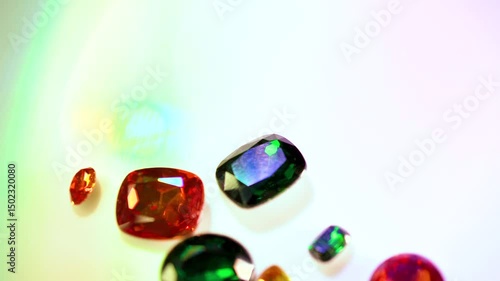 gemstones on a white table in multicolor illumination