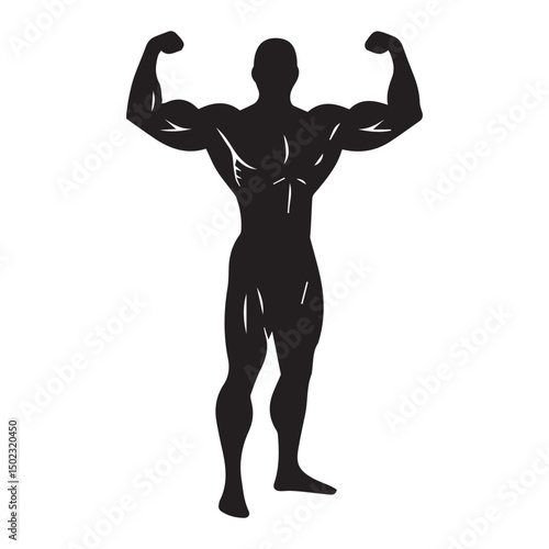 Silhouette illustration of a bodybuilder flexing arms depicting strength and fitness
