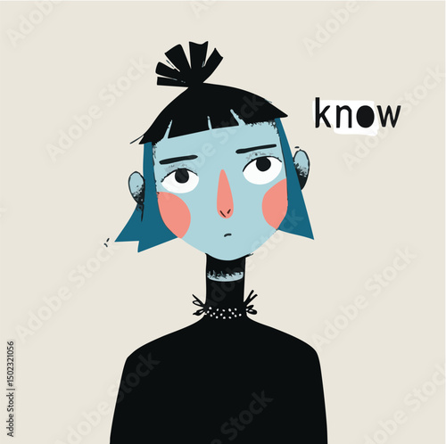 Knowing and Knowledge, concept, conceptual illustration, philosophical girl, cartoon comic style art vector drawing modern minimalist, isolated on beige background, simple design, character thinking