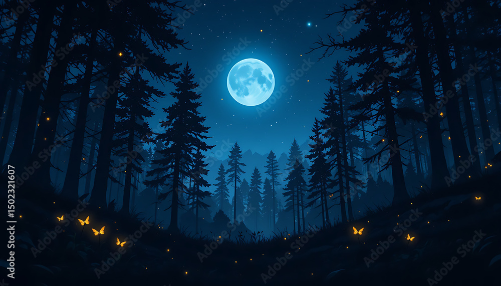 Fototapeta premium Dark Halloween night landscape with full moon, stars, and silhouetted trees