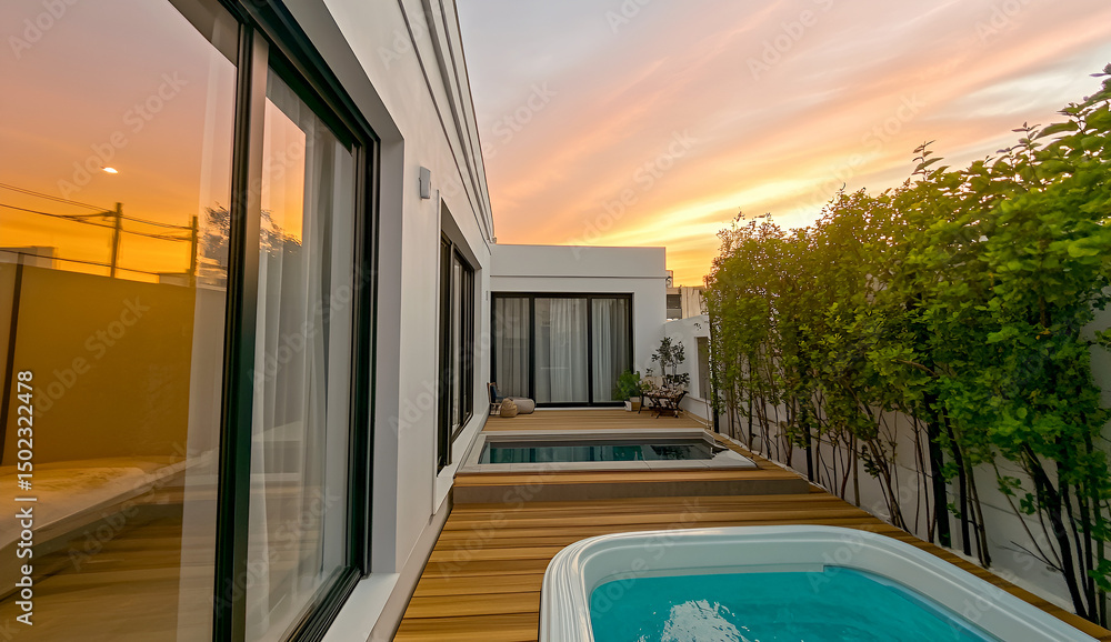 Fototapeta premium Modern luxurious outdoor patio deck with swimming pool and jacuzzi bathed in golden hour light