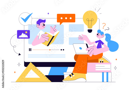Online Education and Knowledge Books Illustration Featuring People Studying with School Supplies and Learning Materials Platform in a Background