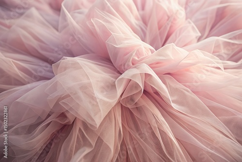 Soft pink tulle ballet tutu fabric fills the frame, showcasing intricate layers and delicate textures in a beautiful, dreamy, and romantic close-up artistic background.