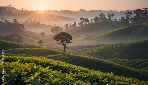Tea Plantations in Morning Light for Scenic Nature Backgrounds