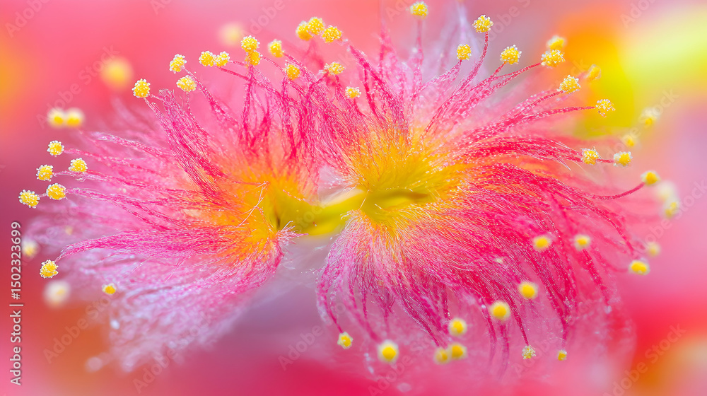 Obraz premium Vibrant close-up of a pink flower with yellow stamens, showcasing intricate details and delicate texture. Perfect for backgrounds, websites, or designs needing a touch of nature's beauty.