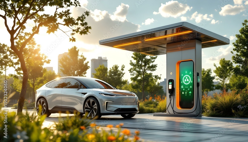 Fototapeta premium Electric car charging station with sleek design and green energy symbols .