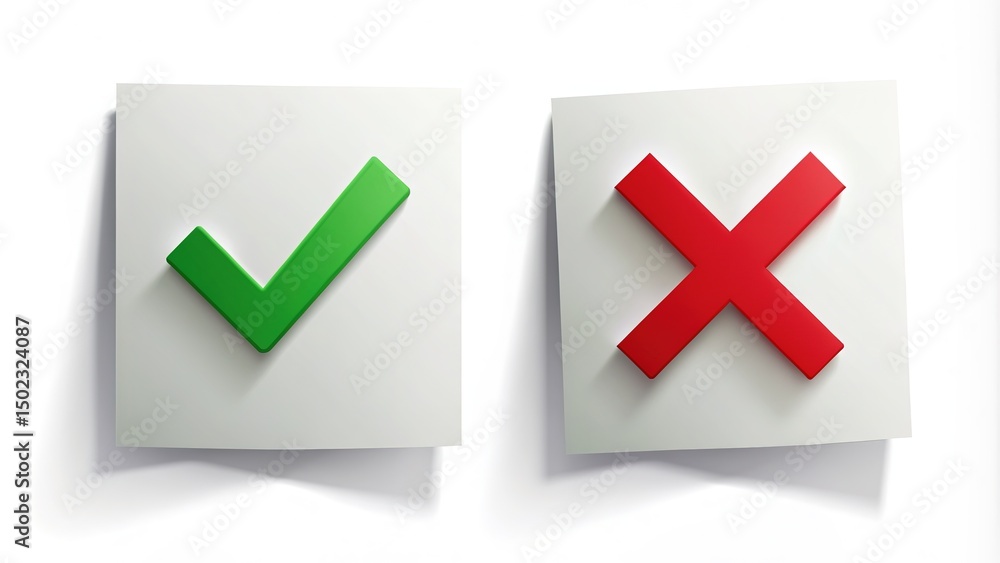 Obraz premium Green checkmark and red X symbols on separate paper sheets with subtle shadow effects on a pristine white background, conveying approval and rejection concepts.