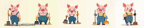 Cute Flat Vector Pig Janitor Character in Overalls Holding Broom and Shovel – Clean Cartoon Design