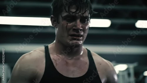A sweaty tear-streaked man in a tank top cries with anguish in a gym appearing to struggle emotionally and physically