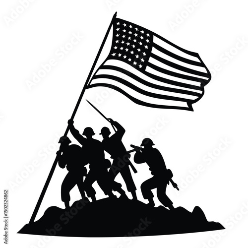 Silhouette Image Of Soldiers Raising American Flag On Mountain