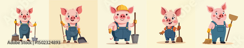 Cute Flat Vector Pig Janitor Character in Overalls Holding Broom and Shovel – Clean Cartoon Design