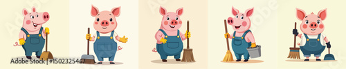 Cute Flat Vector Pig Janitor Character in Overalls Holding Broom and Shovel – Clean Cartoon Design
