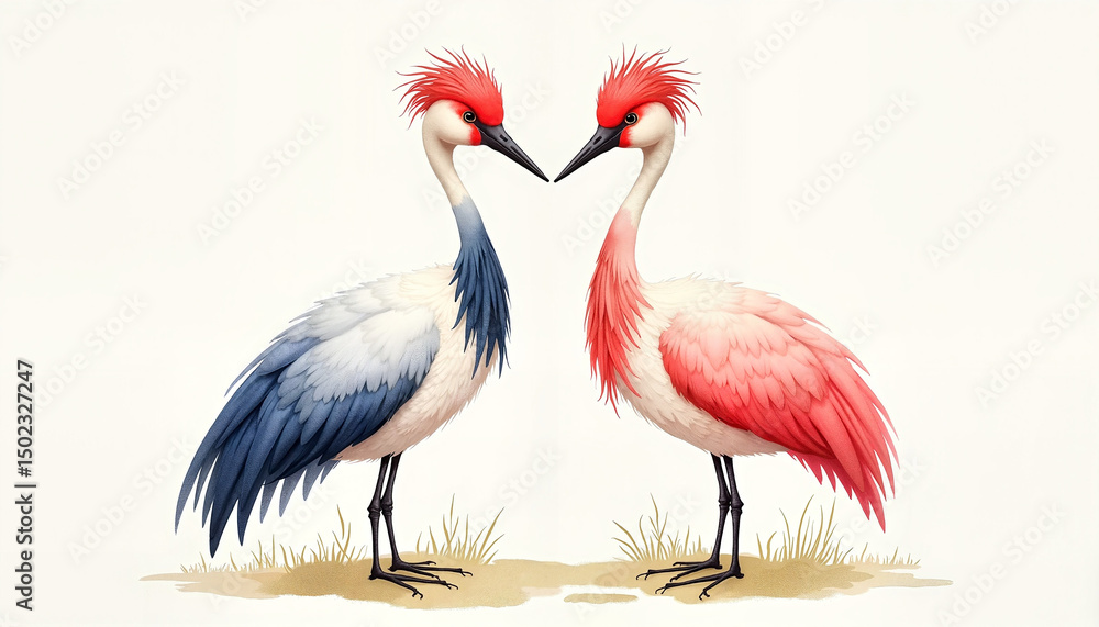 Obraz premium Colorful cranes displaying affection in a serene setting 