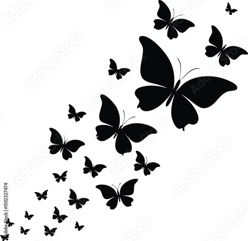 A monochrome illustration of a group of black butterflies scattered on a white background design element