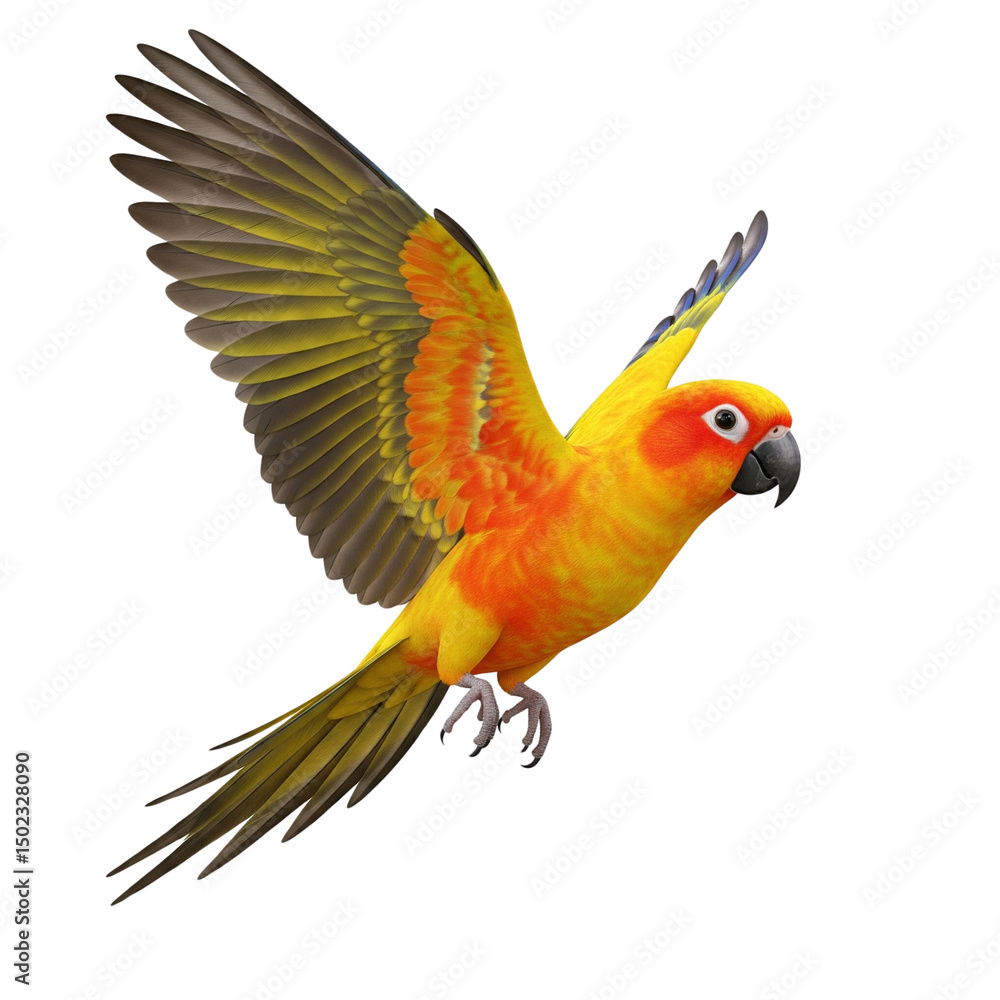 Fototapeta premium Parakeet bird aratinga solstitialis flying isolated on transparent background 