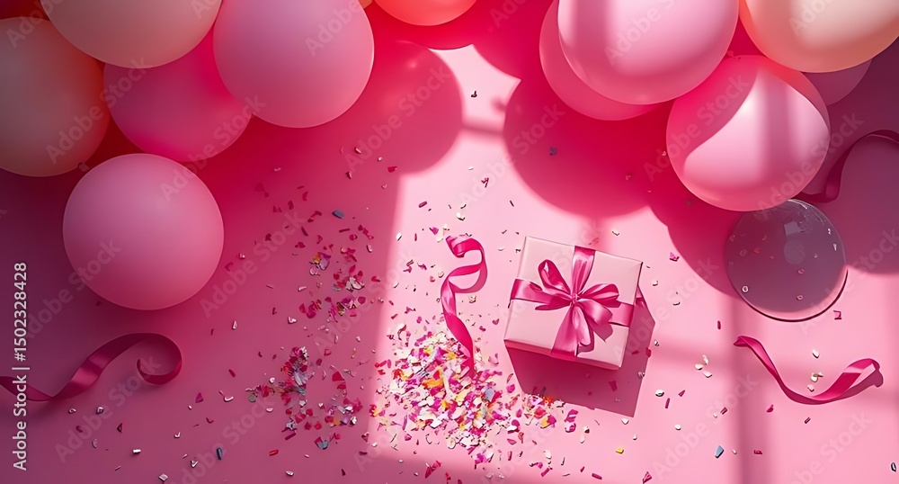 Fototapeta premium Pink Gift Box Surrounded by Balloons, Ribbon, and Colorful Confetti on a Pink Surface