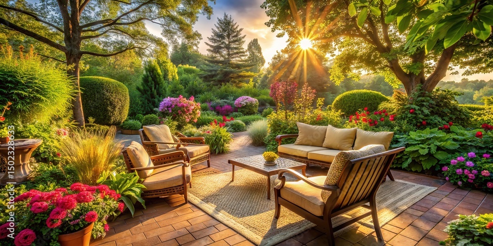 Obraz premium Warm sunlight filters through lush greenery surrounding a serene tranquil patio adorned with comfortable outdoor furniture and blooming flowers.