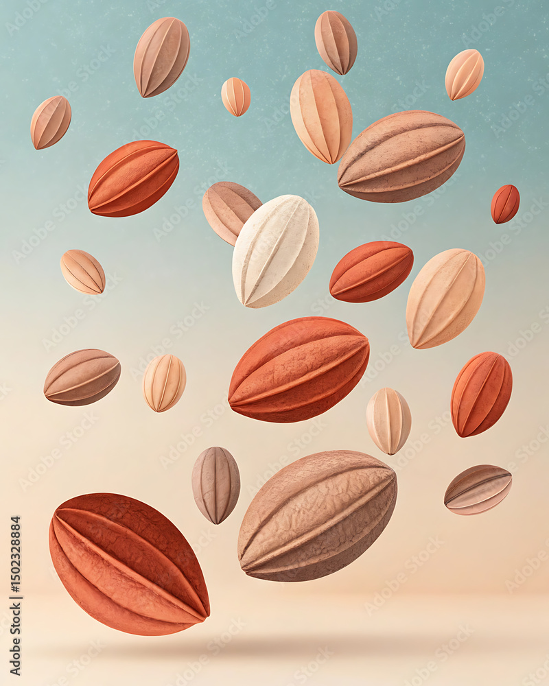 A captivating vertical composition featuring numerous stylized seed pods floating dynamically against a gradient light blue and beige background A captivating vertical composition featuring numerous stylized seed pods floating dynamically against a gradient light blue and beige background