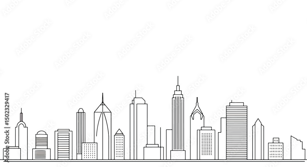 Adobe Illustrator Artwork Minimalist black and white line art illustration of a modern city skyline with various skyscrapers and buildings. Clean and simple urban landscape design Adobe Illustrator Artwork Minimalist black and white line art illustration of a modern city skyline with various skyscrapers and buildings. Clean and simple urban landscape design