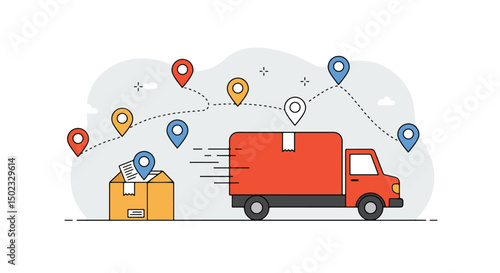 Adobe Illustrator Artwork E-commerce delivery: Flat vector illustration of a yellow delivery truck transporting a package across a world map with location pins. Global shipping and logistics