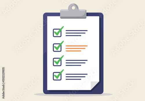 Adobe Illustrator Artwork Clipboard with a checklist and colorful checkmarks in boxes. Simple flat vector illustration for tasks, surveys, and to-do lists. Organization and planning